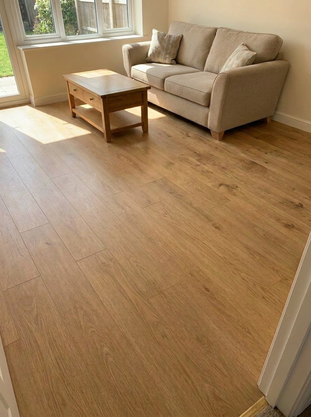 Freshly installed laminate flooring in a living room