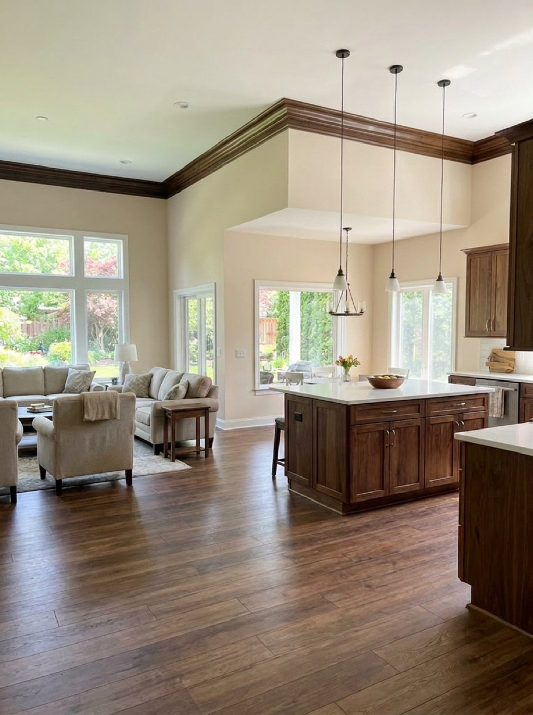 Open-concept kitchen and living room remodel with dark wood cabinetry